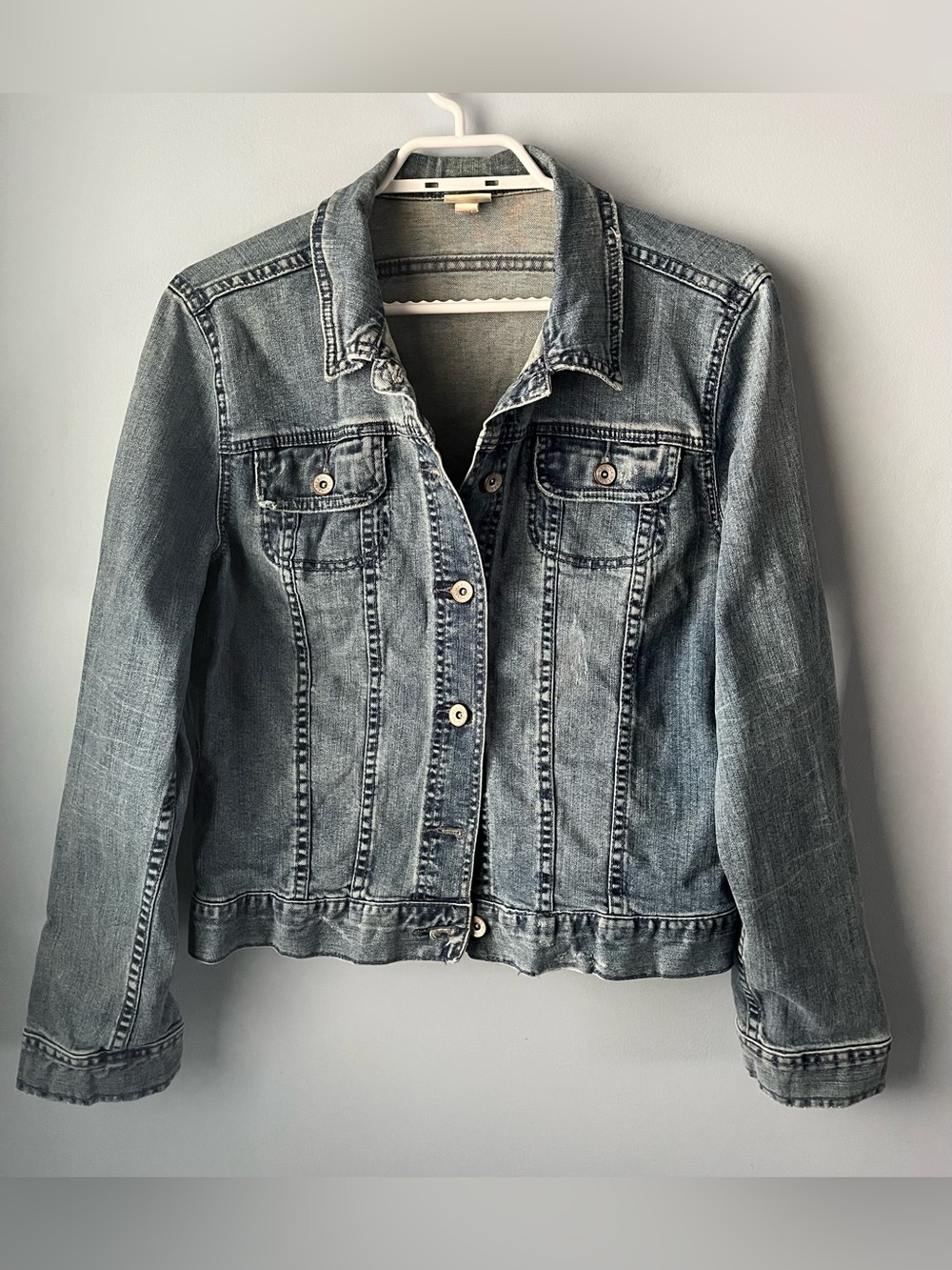Merona Light Blue Denim Jean Jacket Seaming Detail Flap Pockets Size XL